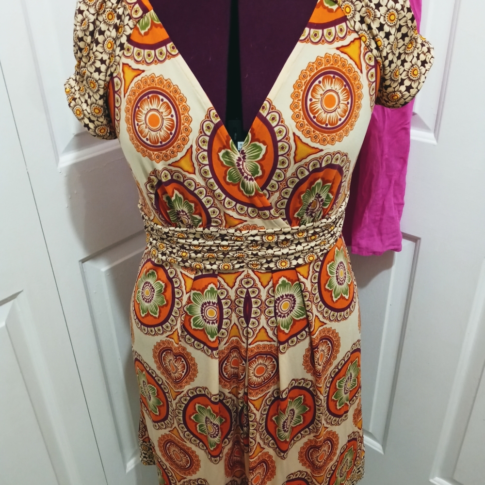 ECI short sleeved dress RARE earth-toned mandala patterned